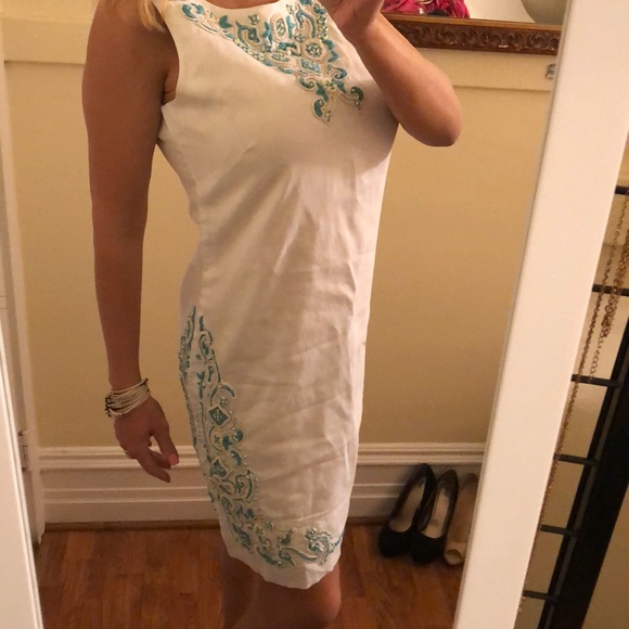 Gretchen Scott white blue embroidered dress S - Picture 2 of 8